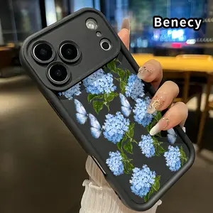 Hydrangea and Butterflies Pattern Phone Case for iPhone 17 Pro Max 16 Plus 15 14 13 12 11 Air E Shockproof Full Camera Protection Durable slim Silicone Cover