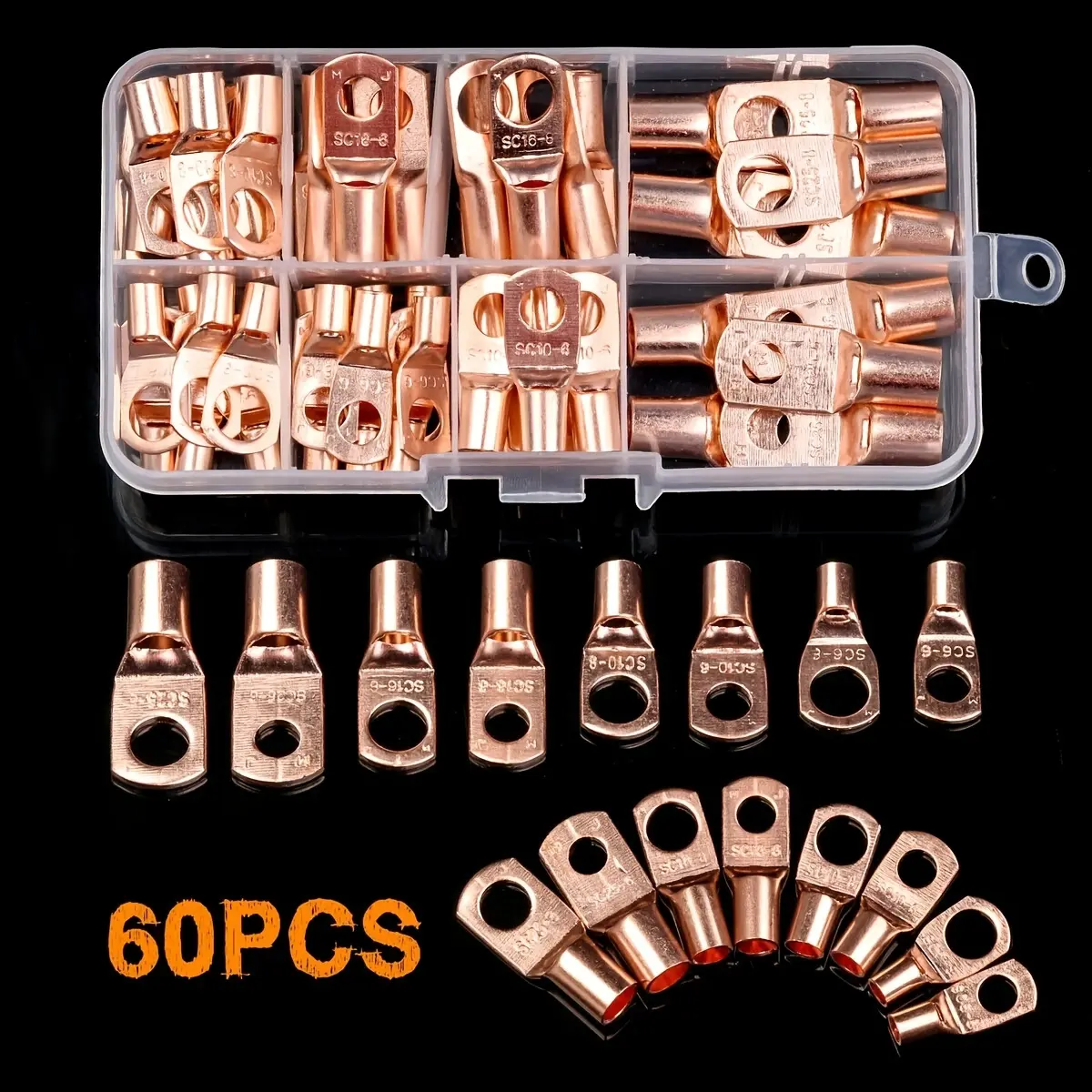 60pcs Wire Lug Connector Ring SC6-25 Copper Connectors Bare Cable Electric Crimp Terminal Connector Kit Durable Reliable Connectors