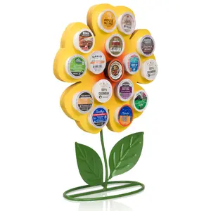 Front Facing "Yellow Sunflower" - K-Cup Holder Countertop Stand, Metal and Wooden Sculpture - 16pcs