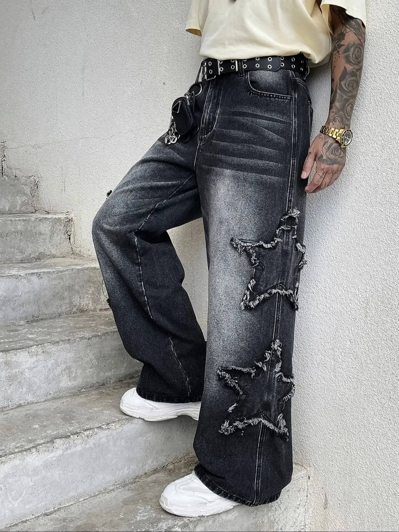Men's Washed Star Patch Loose Straight Denim Jeans Pants with Pocket, Vintage Y2K High Street Streetwear Style, Casual All Seasons, Zipper Fly, Natural Waist, Loose-Fitting, Menswear