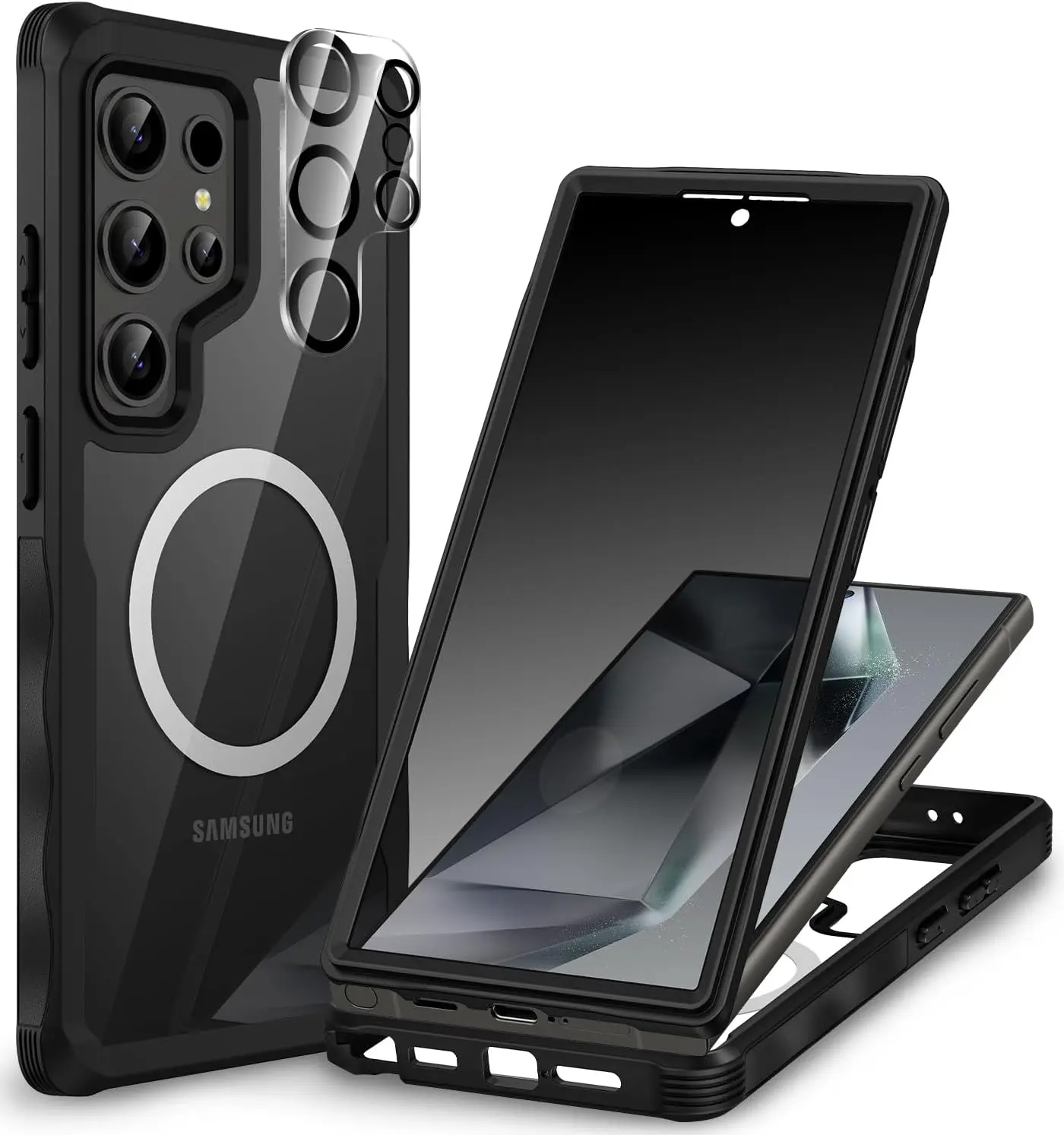 Magnetic Privacy for Samsung Galaxy S24 Ultra Case, Full Body Phone Case with Built-in Privacy Screen Protector and Camera Lens Cover, Anti Peep Shockproof Protective Clear Bumper - Black