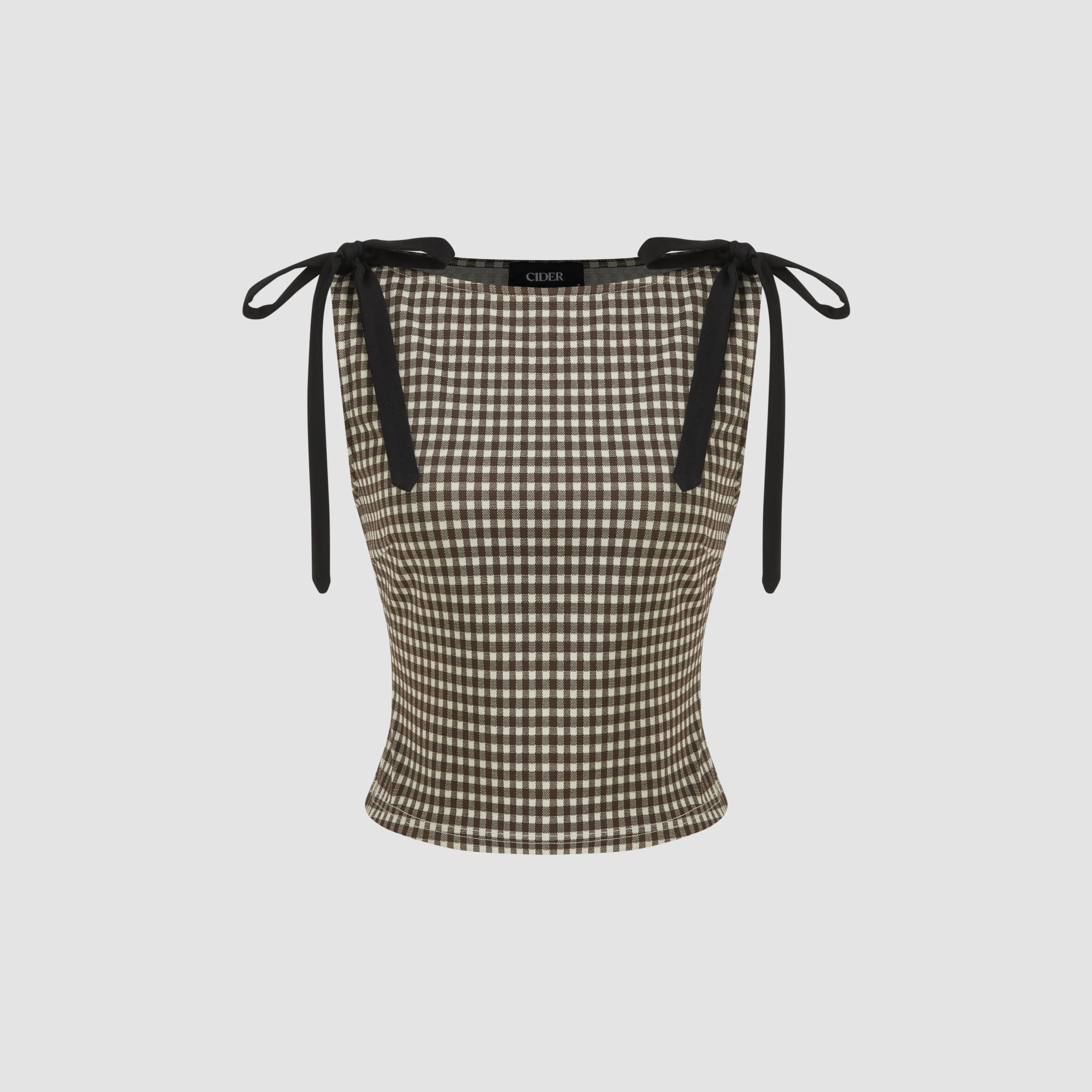 Cider Jacquard Boat Neck Gingham Bowknot Tank Top