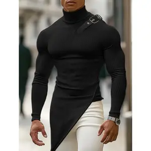 Men'sSlim-FitTurtleneckSweater-AsymmetricHemKnitPulloverwithAdjustableBuckle|Autumn/WinterCasual