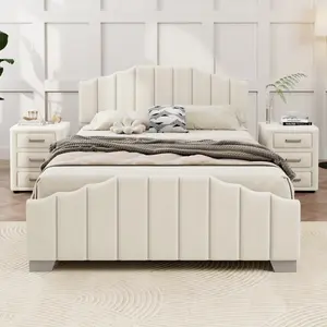 3 Pieces Bedroom Sets Queen Size Velvet Upholstered Platform Bed Vertical Channel Tufted Headboard and Two Three-drawer Nightstands Beige