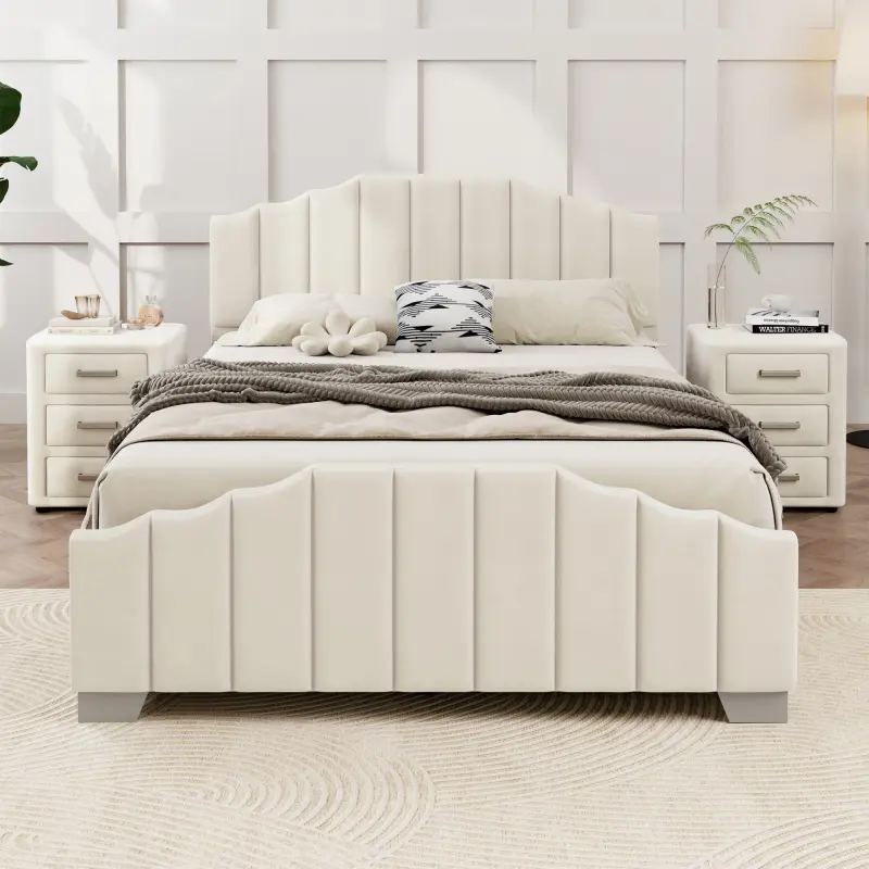 3 Pieces Bedroom Sets Queen Size Velvet Upholstered Platform Bed Vertical Channel Tufted Headboard and Two Three-drawer Nightstands Beige