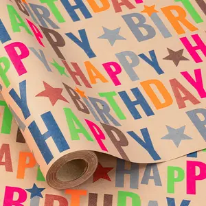 30" X 32.8' Birthday Wrapping Paper Large  Paper Roll for Boys Girls,  Roll, Colorful Text Happy Birthday and Stars Design Craft  Wrap  for Party, Holiday, 82 sq. ft.