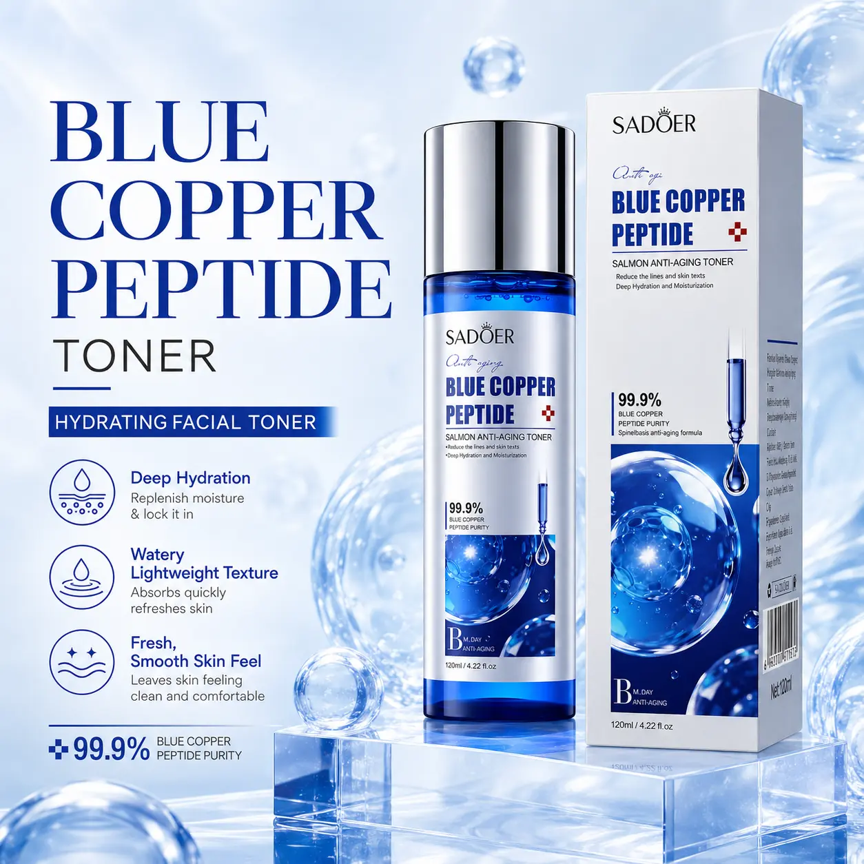 GHK-Cu Copper Peptide Facial Toner, Lightweight Watery Skin Prep for Dewy-Looking Skin, Fresh Fast-Absorbing Non-Sticky Finish, Facial Toner for Glass Skin Routine and Morning or Night Skincare, 120ml / 4.22 fl oz