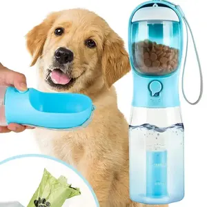 Portable Water Bottle for Dogs, 3 in 1 Pet Travel Bowl Dispenser with Food Treat Container & Poop Bag Holder, Summer Outdoor Walking Hiking Accessories for Large Dog On The Go - Blue, 20oz