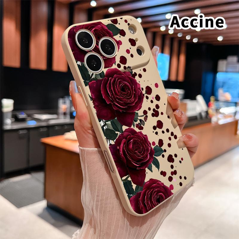 Straight Edge Phone Case for iPhone 17 15 16 14 Pro Max 13 12 11 XR XS Plus Air E Blooming Ruby Roses Pattern Anti-Scratch Shockproof Soft Liquid Silicone Protective Cover Smartphone Casing