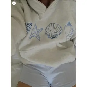 Women's Cozy Grey Hoodie with Marine-Themed Starfish Crew Neck Long Sleeve Casual Sweatshirt CN1261232 - Fabric Pullover Loose Winter Cotton Fit