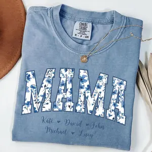 Comfort Colors Personalized Mama Shirt Dusty Blue Floral Grandma Mama Shirt Custom Names Mimi Nana Gigi T-shirt Mothers Day Gift