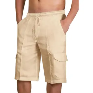 PASLTER Mens Cotton Linen Shorts Casual Elastic Waist Drawstring Lightweight Summer Beach Cargo Shorts