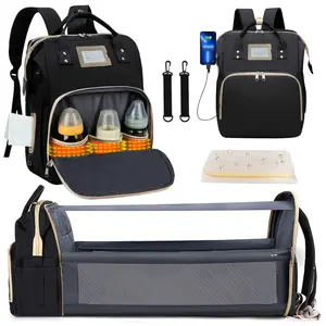 Diaper Bag Backpack, Multifunctional Baby Changing Bag with Foldable Crib & Insulated Milk Bottle Pocket, Large Capacity Travel Backpack with USB Charging Port & Stroller Strap
