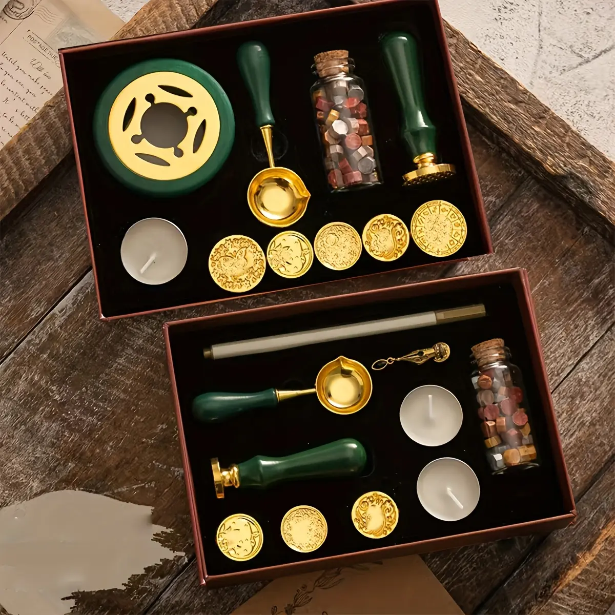 Vintage Metallic Wax Seal Stamp Kit - Green Handle, Stove, Spoon, 4 Random Seal Heads, Stirring Needle, Metallic Wax Beads, Candles, DIY Scrapbooking Stamping Supply for Journals, Envelopes