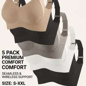 5pcs Women's Seamless Striped Wireless Bra Set -Soft,Breathable, High Support, No Underwire, BackClosureforComfort & Support, Solid Color Design forEverydayUse,Comfortable Undergarment, Back Closure Bra,NoUnderwireBra