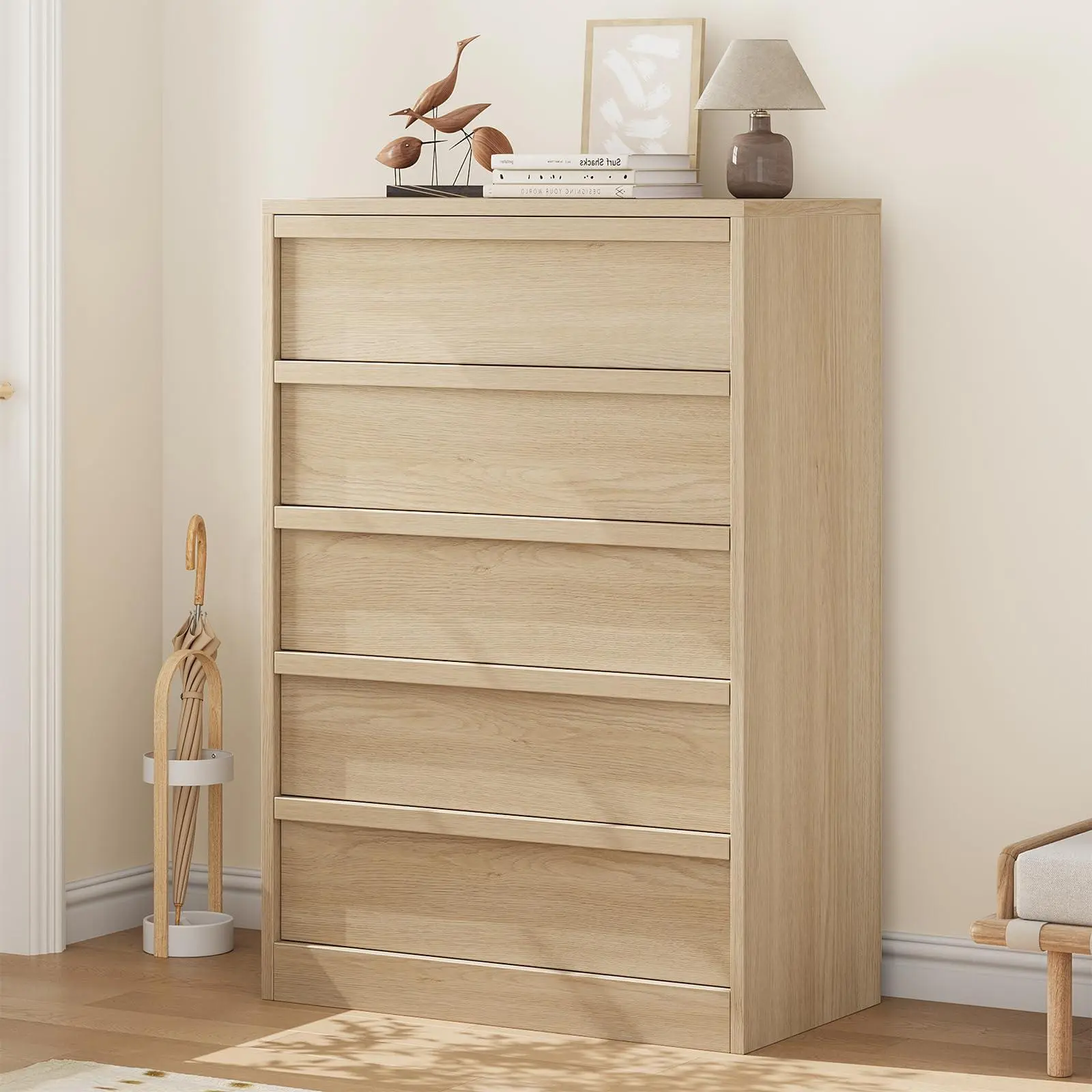 Garvee 43.3" Tall 5-Drawer Dresser for Bedroom, Freestanding Horizontal Wooden Chest – Storage Unit for Closet, Living Room, Hallway & Entryway