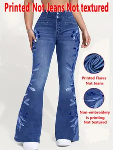 Women's Faux Denim Embroidered Print Bell Bottom Pants Trouser, Womenswear, Non-Denim Fabric, All Seasons Wear, 2D Printed Stitch Effect