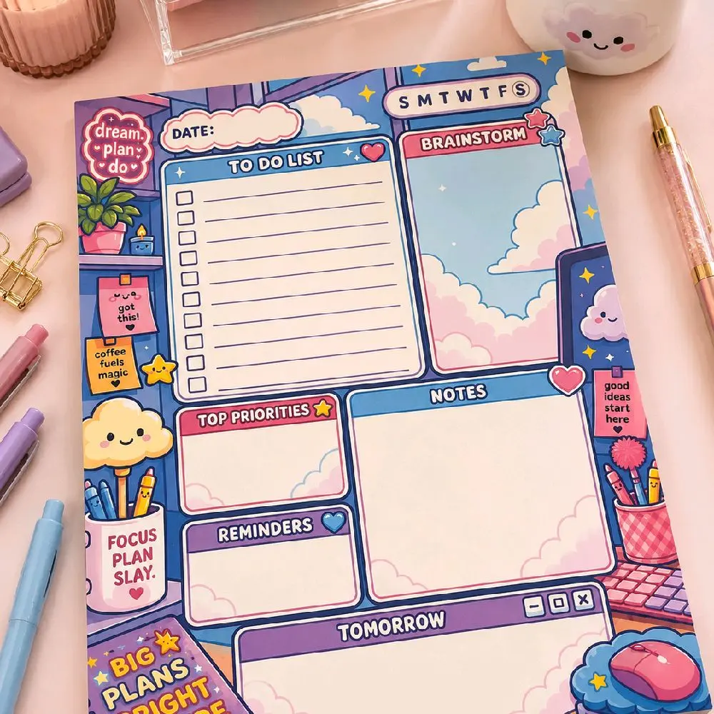Kawaii Cloud 8x10 Office Planner Pad, Cute ADHD Productivity Notepad