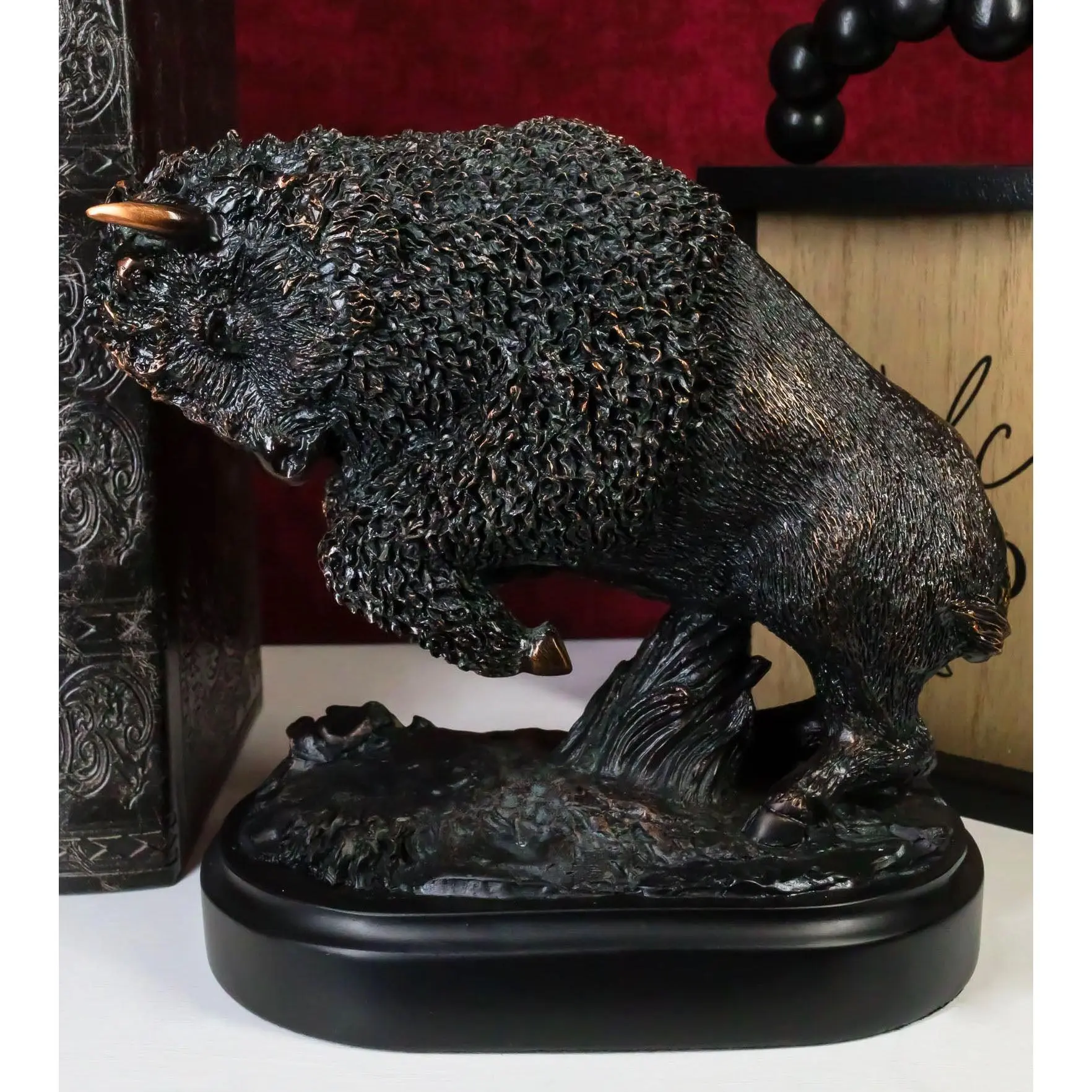 Rustic Western Charging American Buffalo Bison Bronze Electroplated Resin Figurine - Home Decor Sculpture for Table