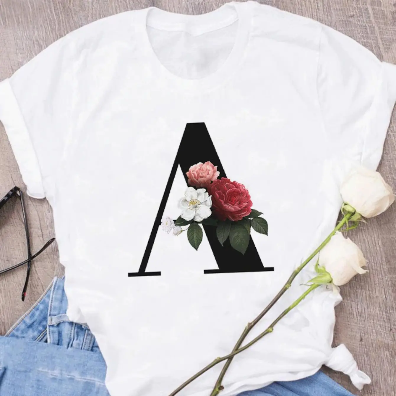 Men's Personalized initial apparel Graphic T-Shirt - Short Sleeve Crew Neck Regular Fit Casual Wear | Soft & Breathable Fabric, Durable Print, Everyday Comfort, Machine Washable, Minimalist floral letter design Casual fashion flatlay styling