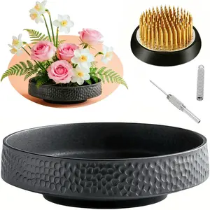Japanese Ikebana Vase Kit Ceramic Shallow Flower Container with 1.57inch Flower Frog Kenzan Needle Straightening Tool Hammer Pattern Bowl