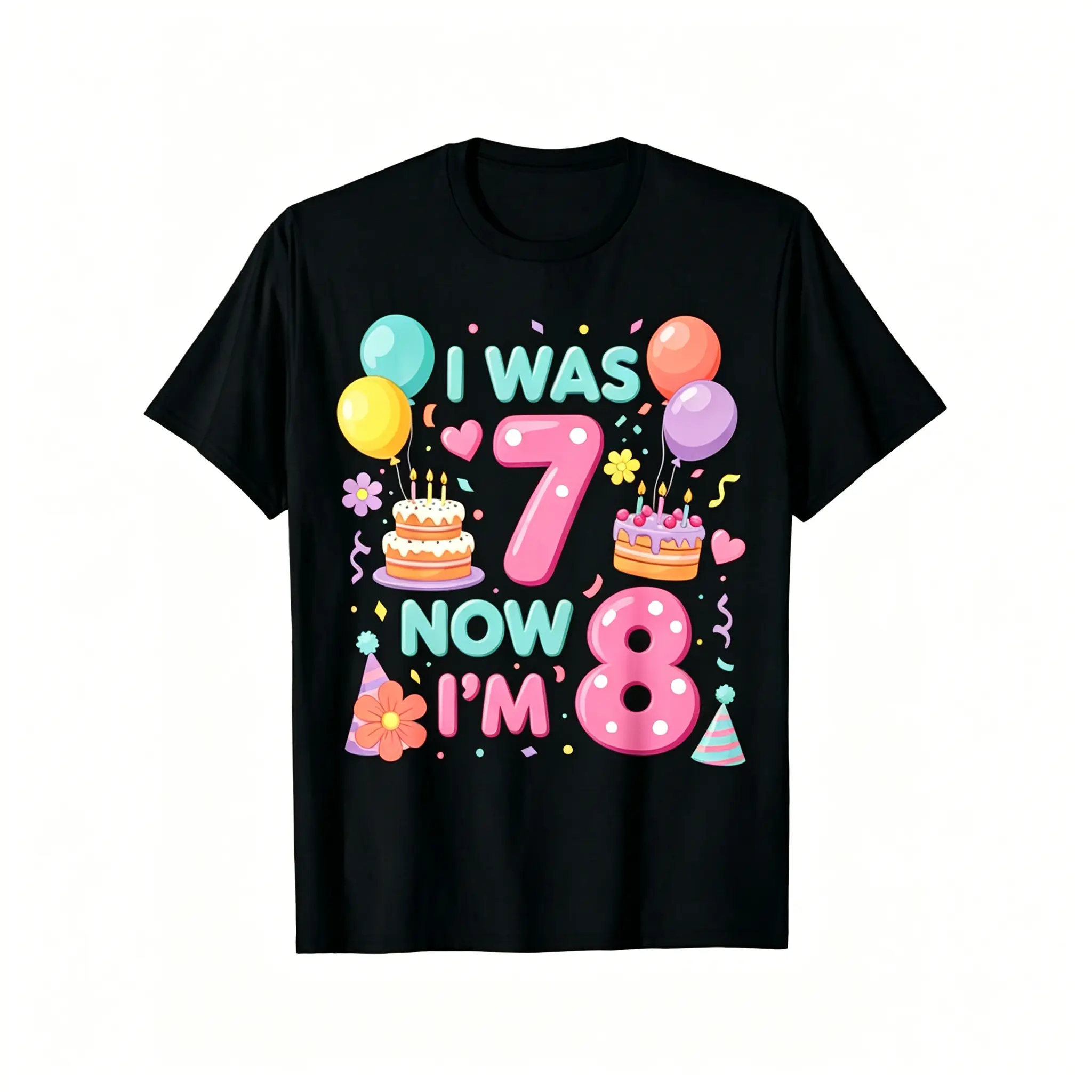 8Th Birthday Celebration for Girls - I Was 7, Now I'M 8! T-Shirt for Boys And Girls. Short Sleeve, Casual, Crew Neck, Vintage Design, Perfect for Birthday Presents And Everyday Use, All-Year Round, Slightly Stretchy Material