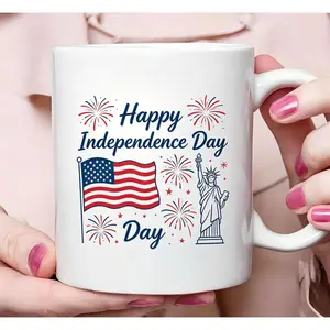 11oz Ceramic Washable Mug - Happy Independence Day Classic Lettering Cup, Trending Festival Gift for Family Gatherings, Drink Accessory for Outdoor Celebrations