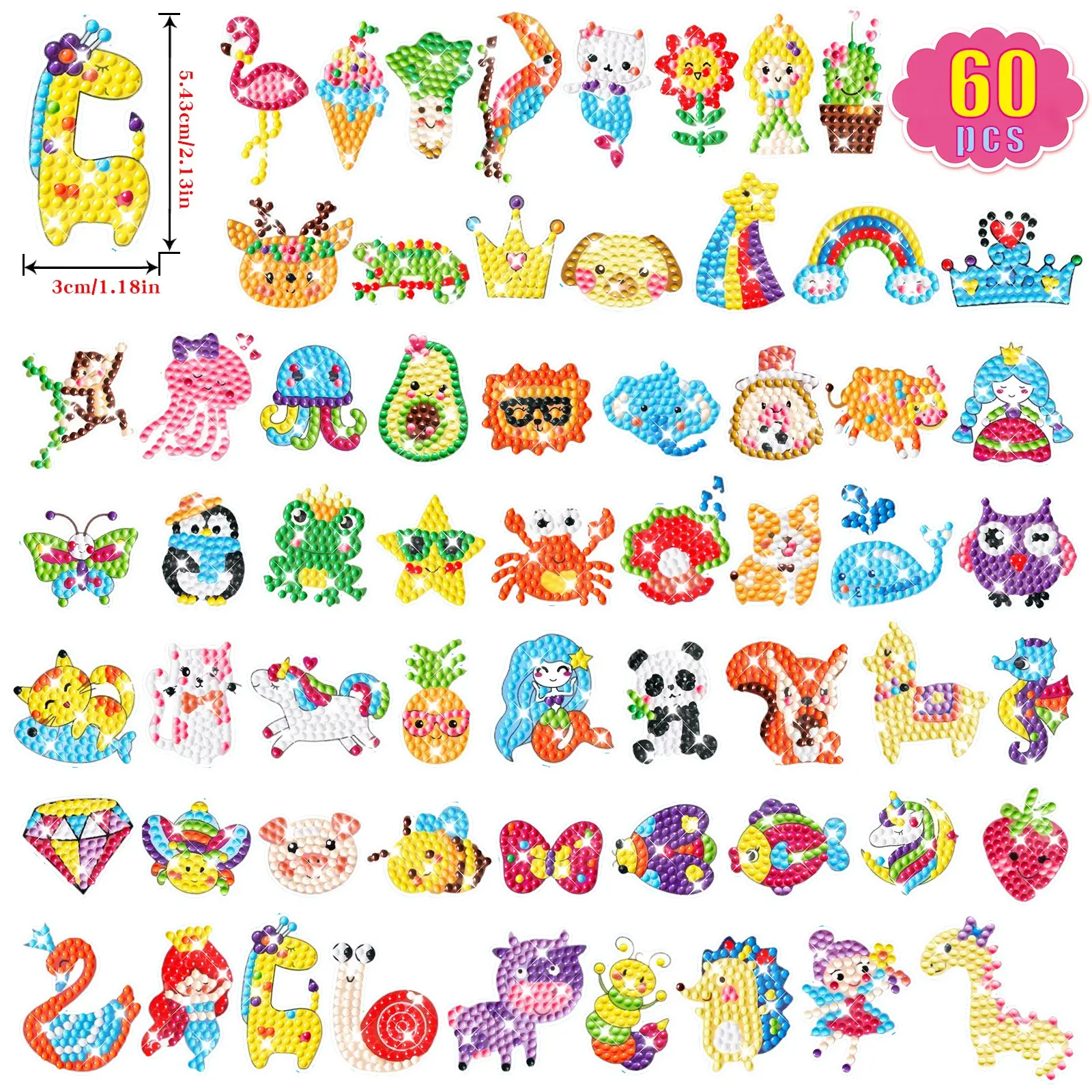 60pcs Diamond Painting DIY Handmade Puzzle Cartoon Animal Mosaic Stickers Gift Set, Educational Craft Kit, Diy Craft Supplies, Diamond Painting Kits for Kids and Adults