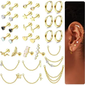 Milacolato 20G Surgical Steel Cartilage Earrings Set (33Pcs) for Women, Hypoallergenic CZ Opal Flat Back Studs, Hoops, Chains, Dangles for Conch, Daith Piercing Ear, Helix, Tragus Piercings