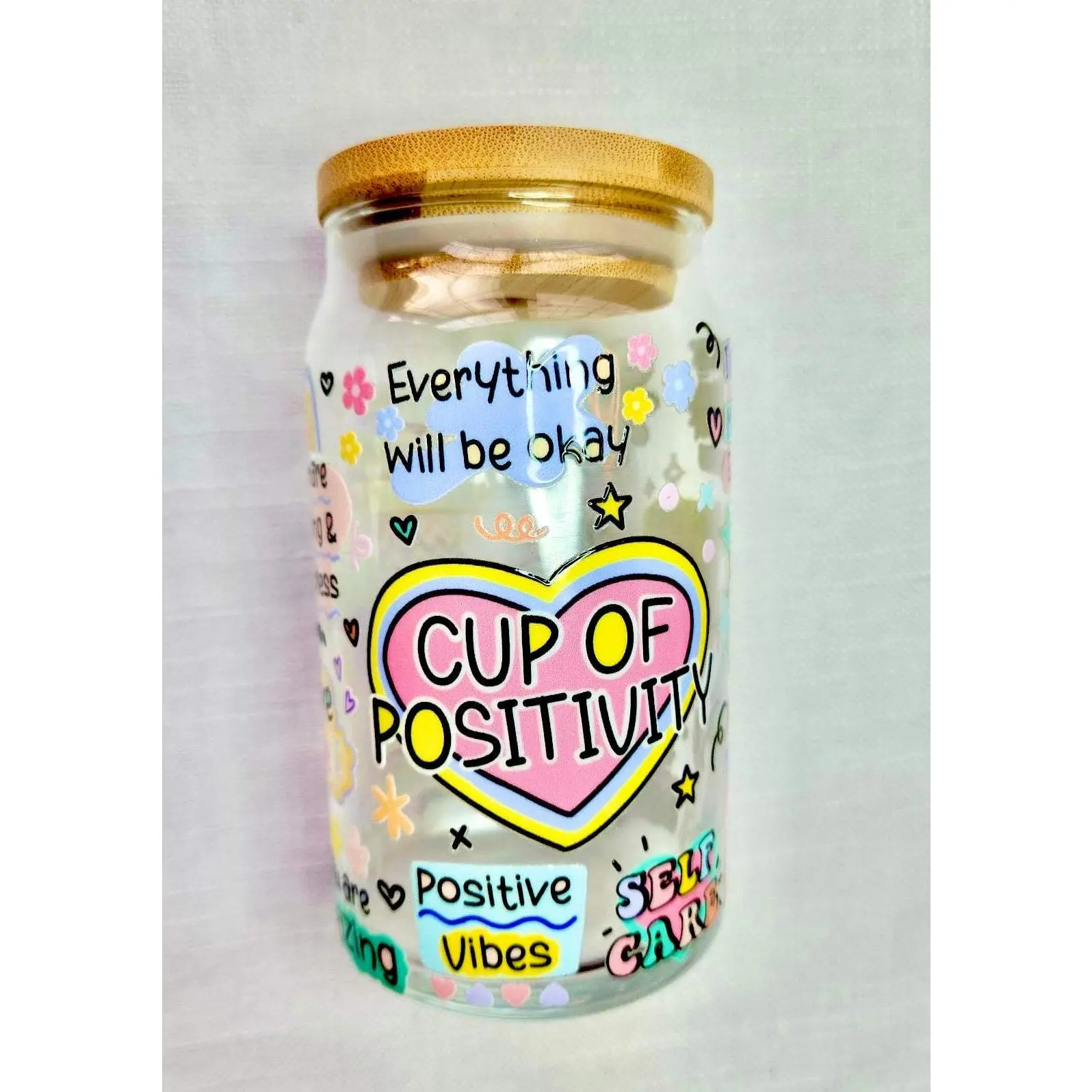 Glass Libbey Cup | 16oz Glass Libby Cups with Bamboo Lid and Straw | UVDTF Cup | cup of positivity