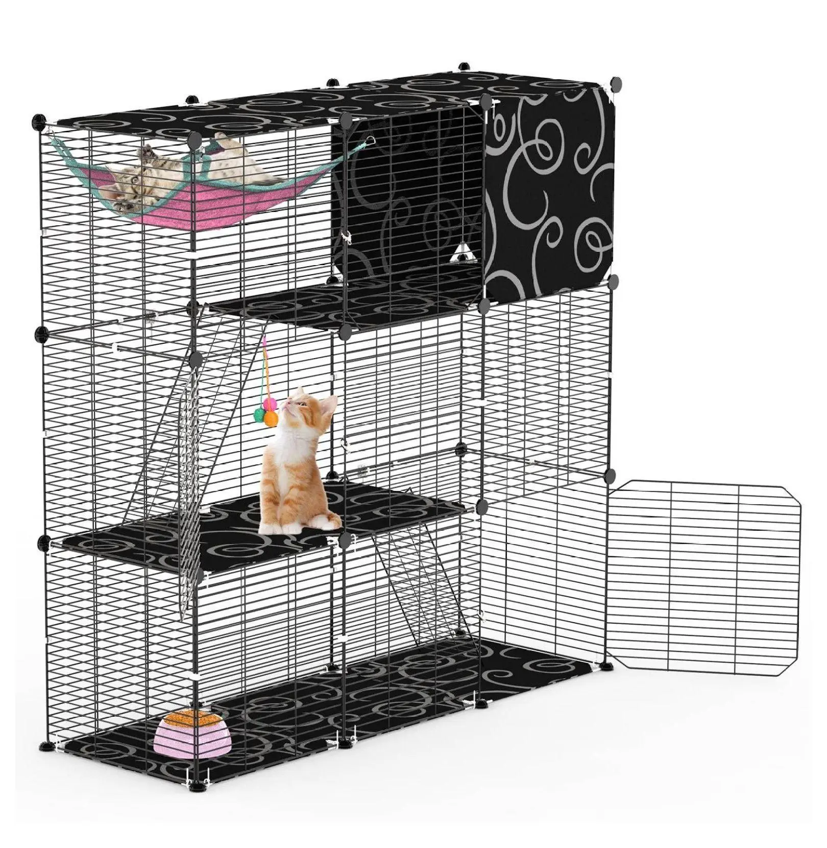 Cat Cage 3-Tier Indoor Cat Enclosure Playpen, Cat House with Hammock & Ladder, Iron Wire Kennels Crate for 1-2 Cats, Rabbits, Small Animals Black