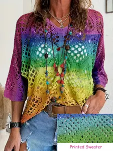 Women's V Neck Seven-Quarter Sleeve Hollow Out Knit Sweater, Vintage Gradient Print Casual Loose Fit Top for Spring Summer
