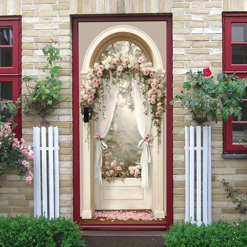 2pcs Romantic Wedding Arch Wall Decal Archway Flower Vine Sticker Self-Adhesive Removable Pink Rose Vines Curtain Window Decal for Living Room Bedroom Party Festival Decor Background Wall Art Decoratio