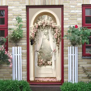 2pcs Romantic Wedding Arch Wall Decal Archway Flower Vine Sticker Self-Adhesive Removable Pink Rose Vines Curtain Window Decal for Living Room Bedroom Party Festival Decor Background Wall Art Decoratio