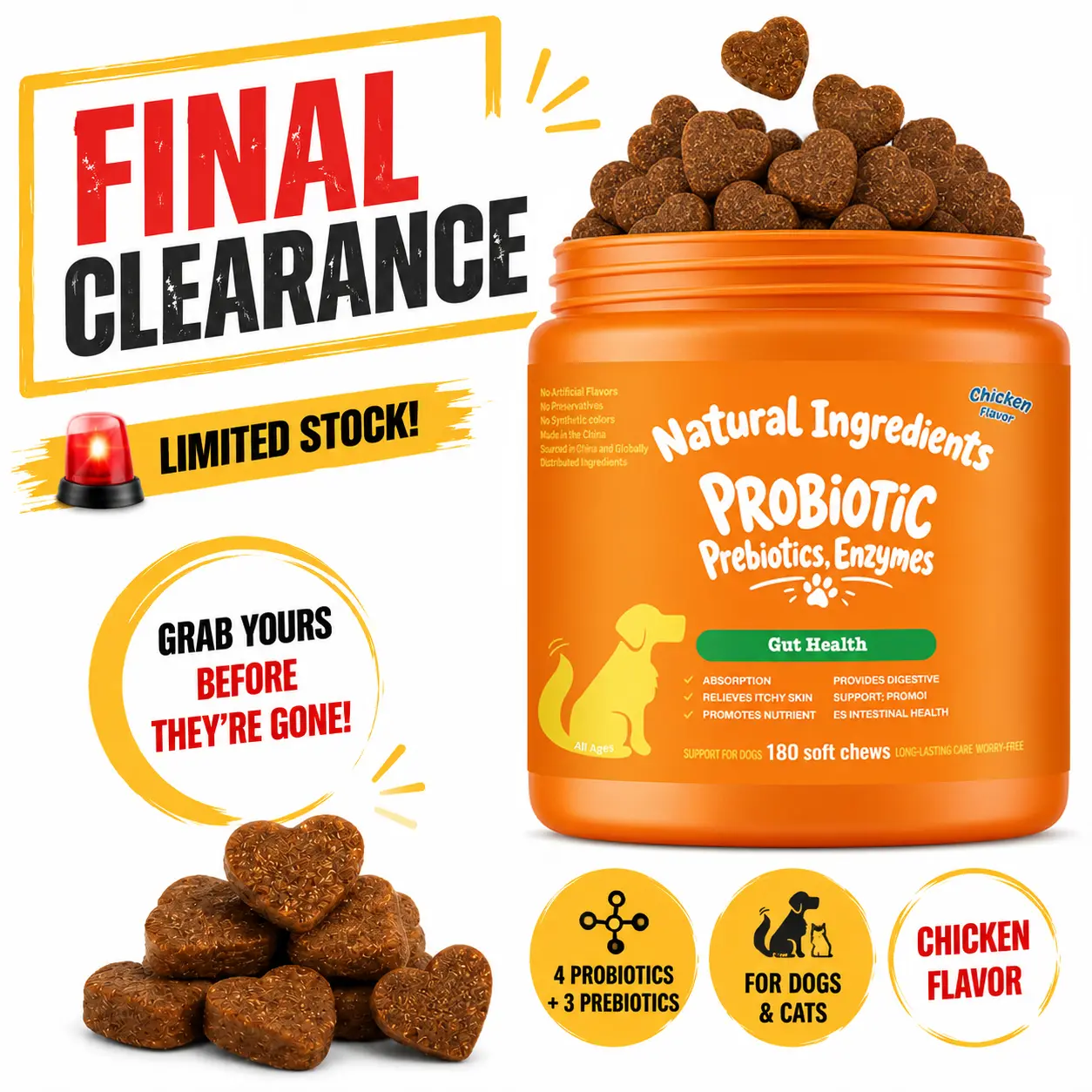 180ct Probiotics & Prebiotics for Dogs & Cats, 4-Strain Gut Health Soft Chews, Triple Prebiotic Blend with FOS, GOS & Organic Inulin, Chicken Flavor