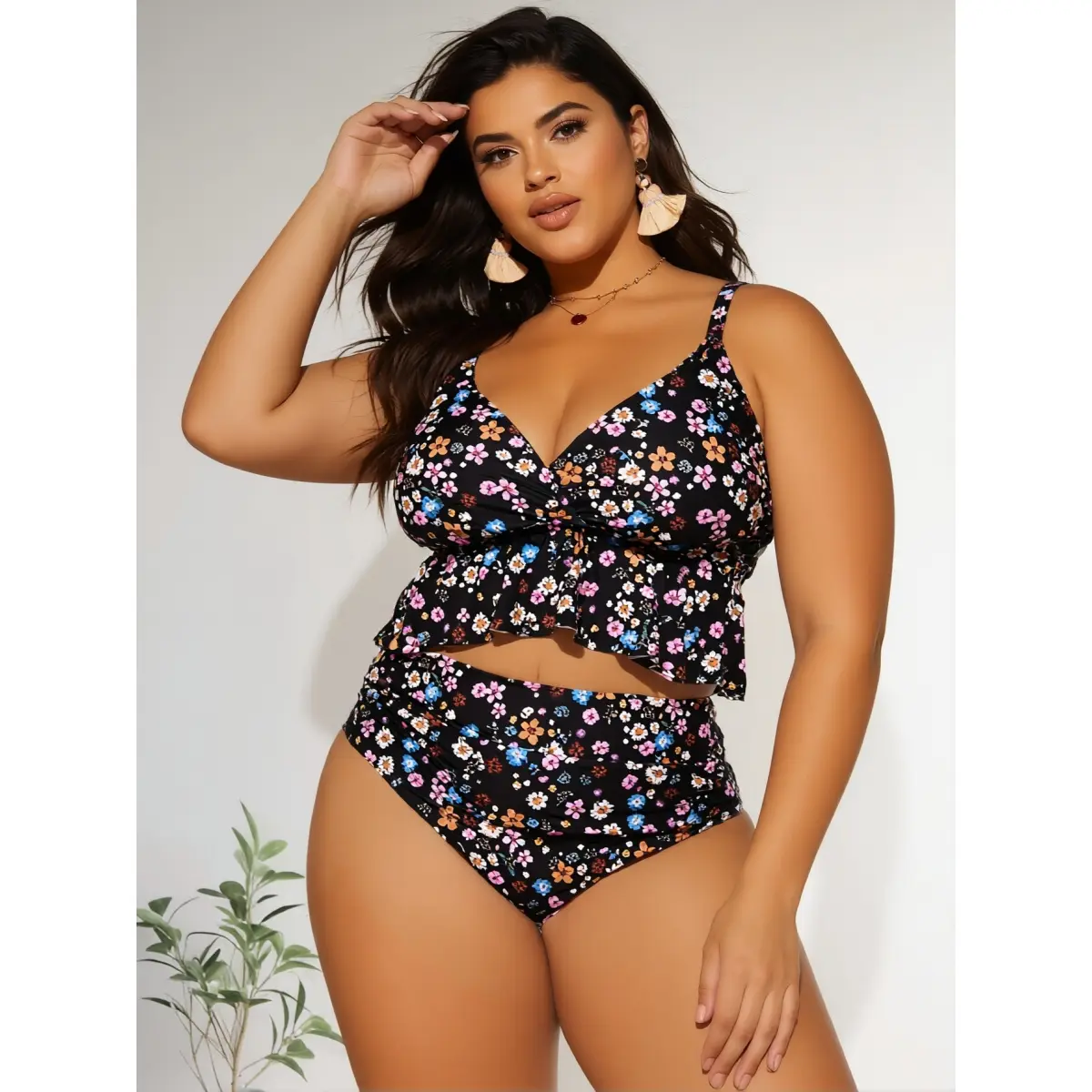 Black Floral Print High Waisted Plus Size Bikini - Knot Front V Neck Two Piece Bathing Suit with Ruffle Hem & Ruched Sides - Tummy Control Full Coverage Swimwear with Padded Bra for Beach Poolside 2026