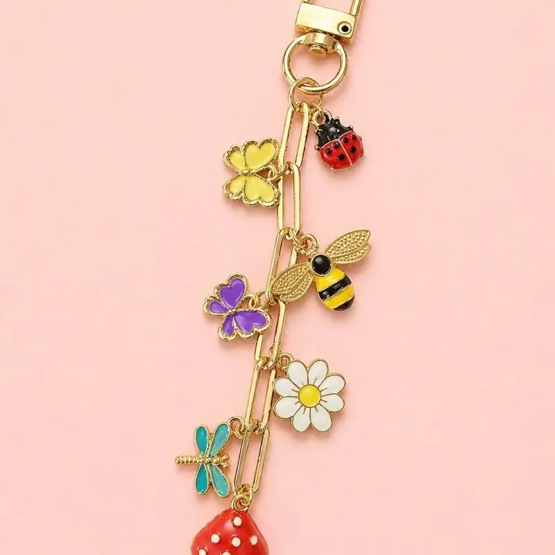 Cottagecore Charm Chain with Mushroom Daisy Bee Butterfly Dragonfly Ladybug Charmsfor iPad Kindle Bags Oxidized Brass 6 Inches Total Length Whimsical Bag Charm
