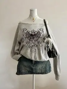 Women's Y2K Gothic Style Off-Shoulder Sweater, Pullover, Butterfly Totem Letter Print, Loose-Fitting Casual Top, All Seasons Essential