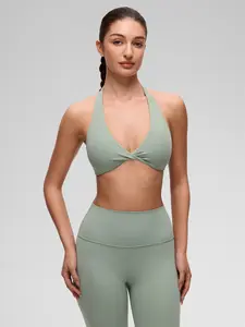 CRZ YOGA Butterluxe Double Lined Twist Halter Sports Bras for Women - Deep V Neck Crop Top Casual Open Back Non Padded