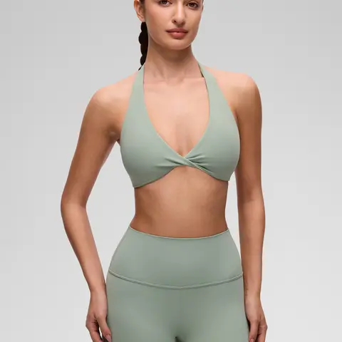 CRZ YOGA Butterluxe Double Lined Twist Halter Sports Bras for Women - Deep V Neck Crop Top Casual Open Back Non Padded