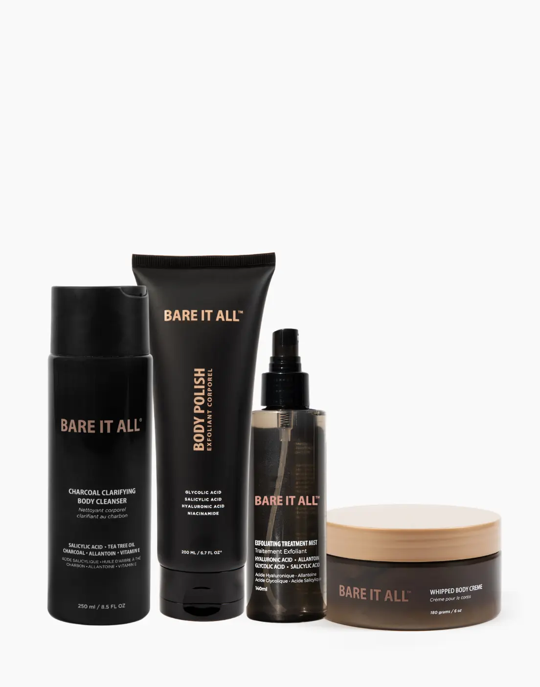 Bare It All Skin 4 Piece Bare It All Method Kit - Full Size Body Care Set - 4 Piece Kit - Charcoal Cleanser, Glycolic Acid Body Polish, Exfoliating Mist & Body Crème - Helps Clear Blemishes, Smooth KP & Rough Texture - For Normal to Blemish-Prone Skin