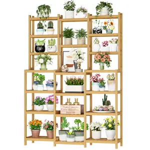 Bamboo Shelf, 7 Tier Plant Stand Indoor, 3 Row Ladder Shelf, Bookshelf and Bookcase, Corner Display Stand with Adjustable, Flower Stand for Living Room Balcony Kitchen
