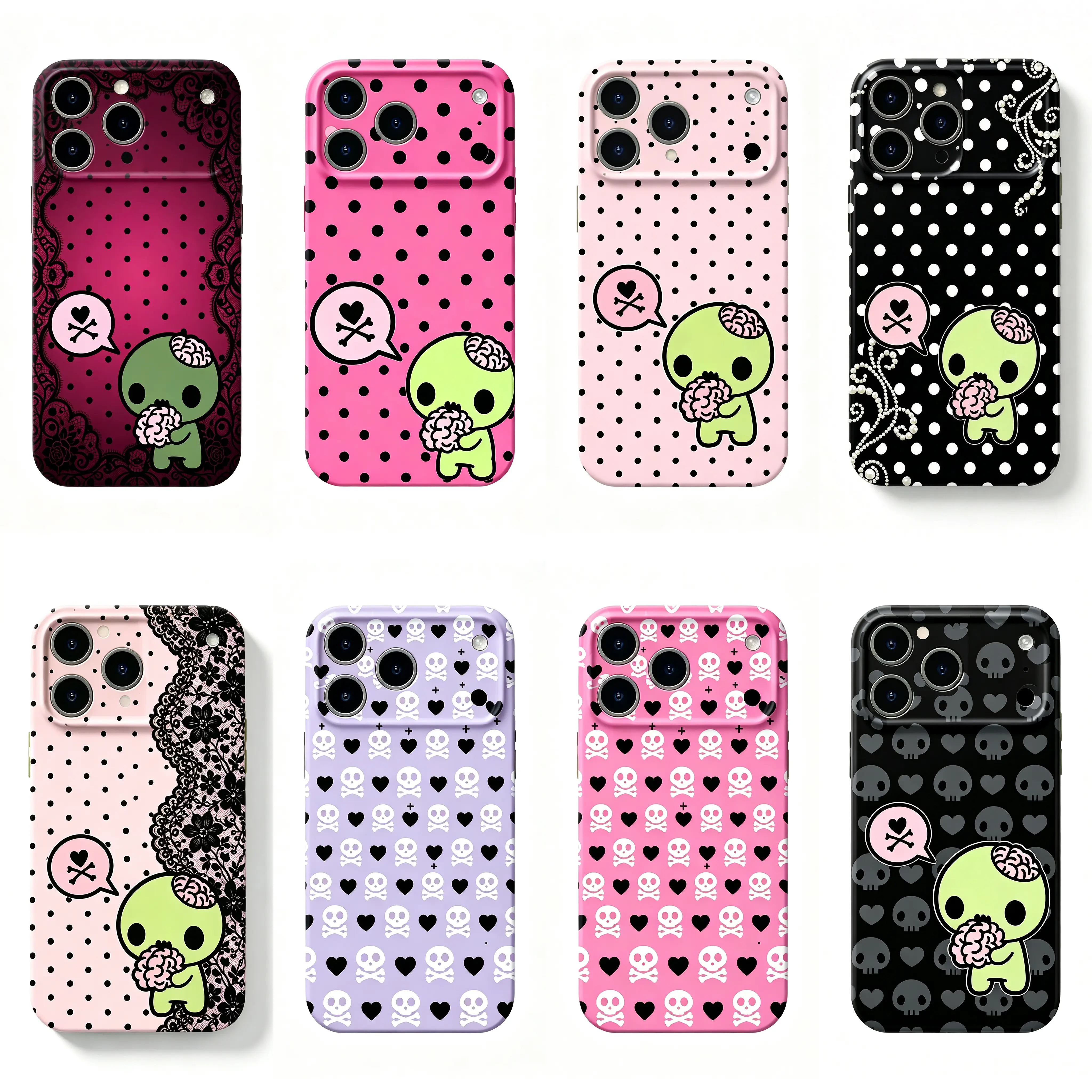 Y2k Kawaii EmO Z0mble Phone Case Halloween Phone Case | Pink BlackPolka Dot Skull Pattern Protective Cover For iPhone 11 12 1314 15 16 17 Pro Max For Her/Him