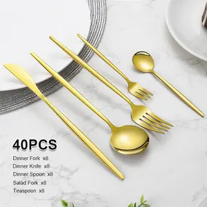 40pcs gold flatware, service for 8 cutlery, minimalist gold utensils, long handle stainless steel silverware, dishwasher safe gold tableware, wedding dinner cutlery, restaurant gold silverware