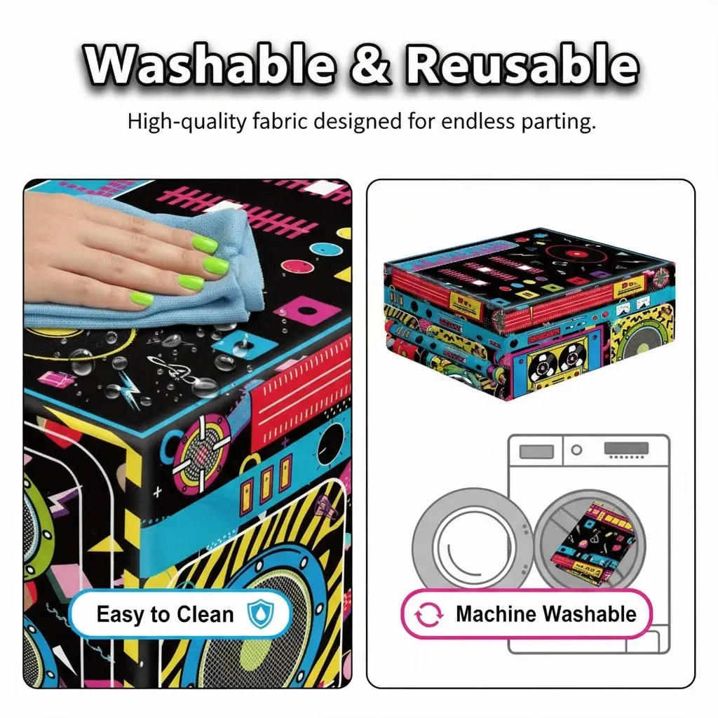 6ft 80s 90s Theme Party Tablecloth, Retro Style Decoration for Hip