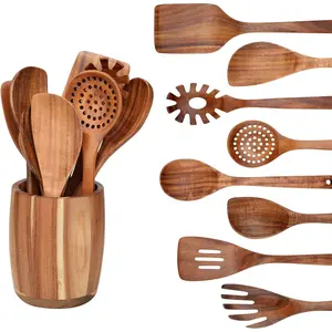 9 count Kitchen Utensils Set - Wooden Spoons for Cooking,  Teak Wooden Utensils - Includes Wooden Spoons, Spatula Set, Slotted Spoon -  Wooden Spoon Set