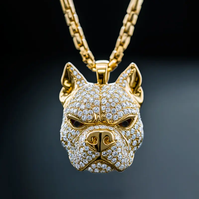 HELLOICE Moissanite/5A CZ Iced Out Bull Dog Pendant with 3mm 24inches Rope Chain