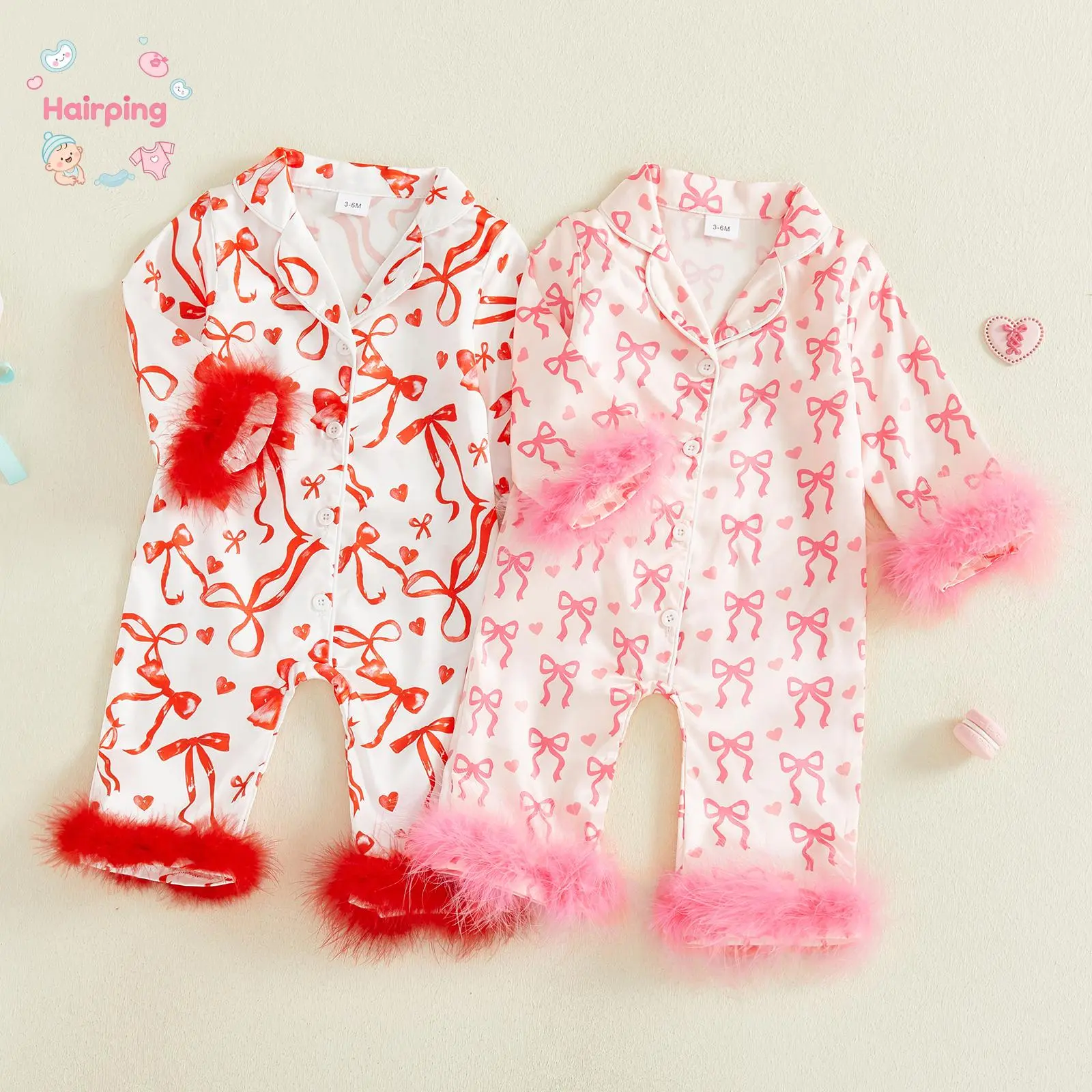 Toddler Baby Girl Pajama, Bow Print Fuzzy Trim Long Sleeve Button-up Jumpsuit, Cute Spring Fall Sleepwear, Squishy Toddler Outfits, Personalized Design with Soft Texture