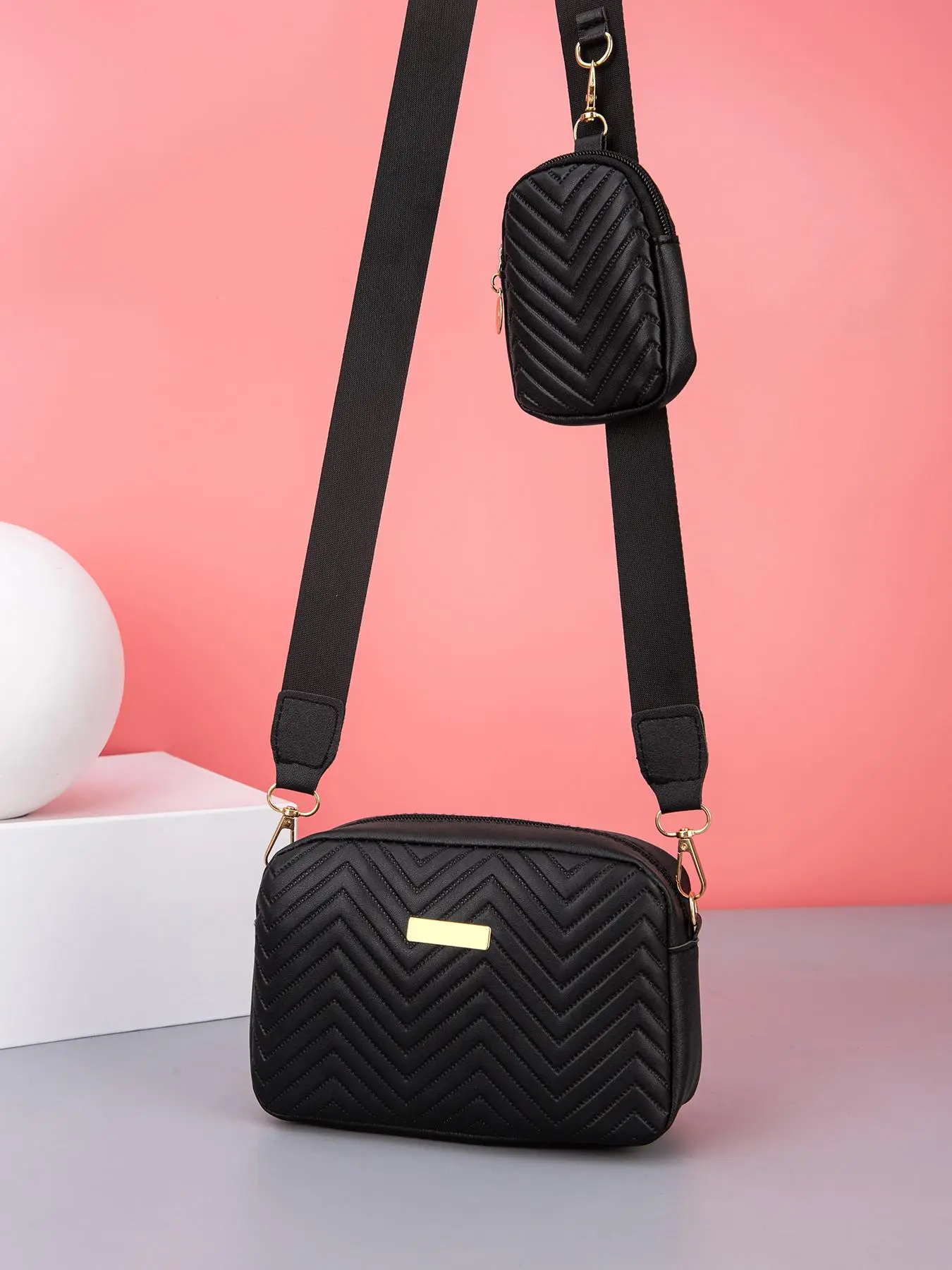 Women's 2025 Summer Trendy Elegant Wave Embossed Zipper Crossbody Bag for Party Outfits, Compact Bag with Coin Purse, Casual Commuter Shoulder Bag Set