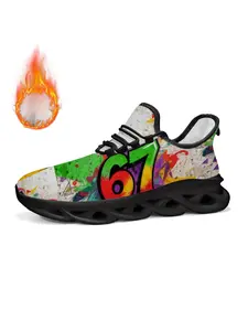 Exclusive Kids Doodle Style Casual Low Top Sneakers, Abstract Art Design with Colorful Graffiti '67' Pattern, Streetwear for Young Fashion Enthusiasts